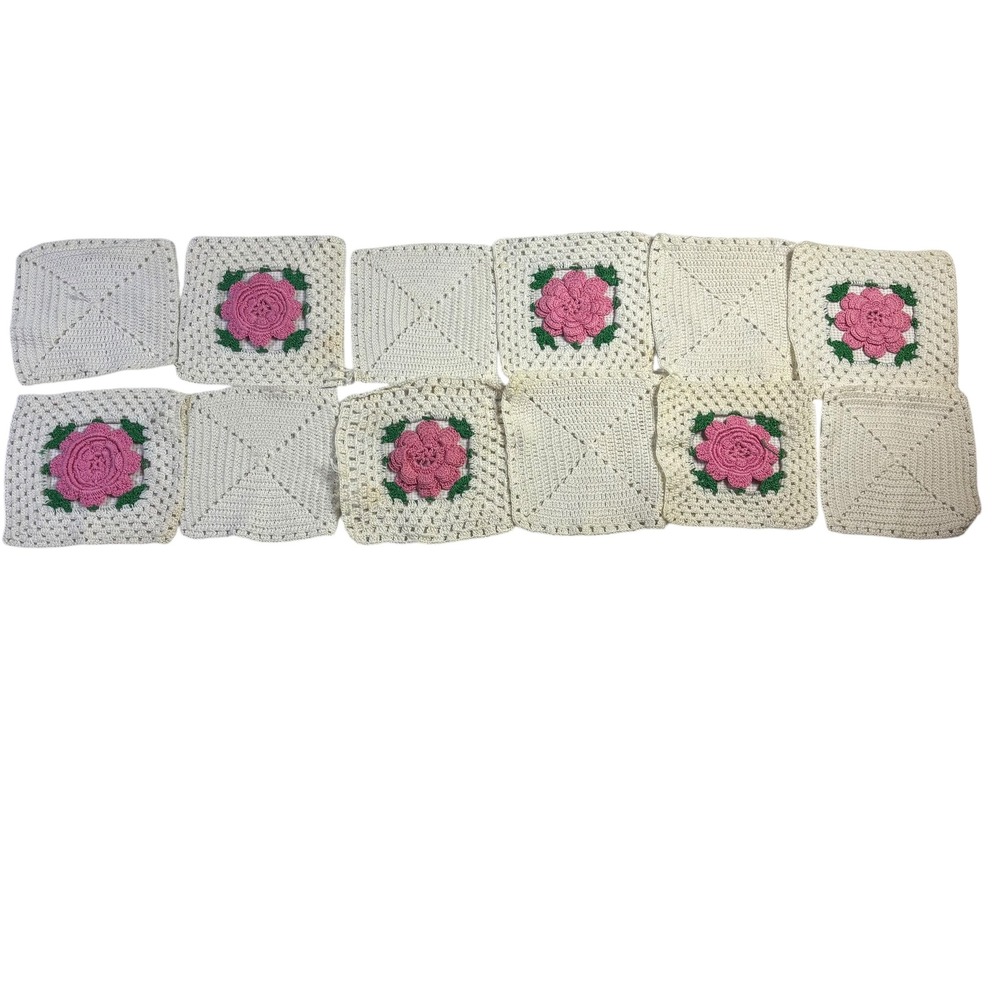 Set of 12 Crochet Granny Squares Floral Pink Rose White Cream Handmade Crafting